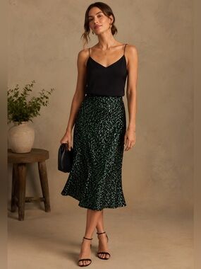 Rachel Parcell Emerald Iridescent Sequin Midi Skirt Glam Statement Piece Size S
